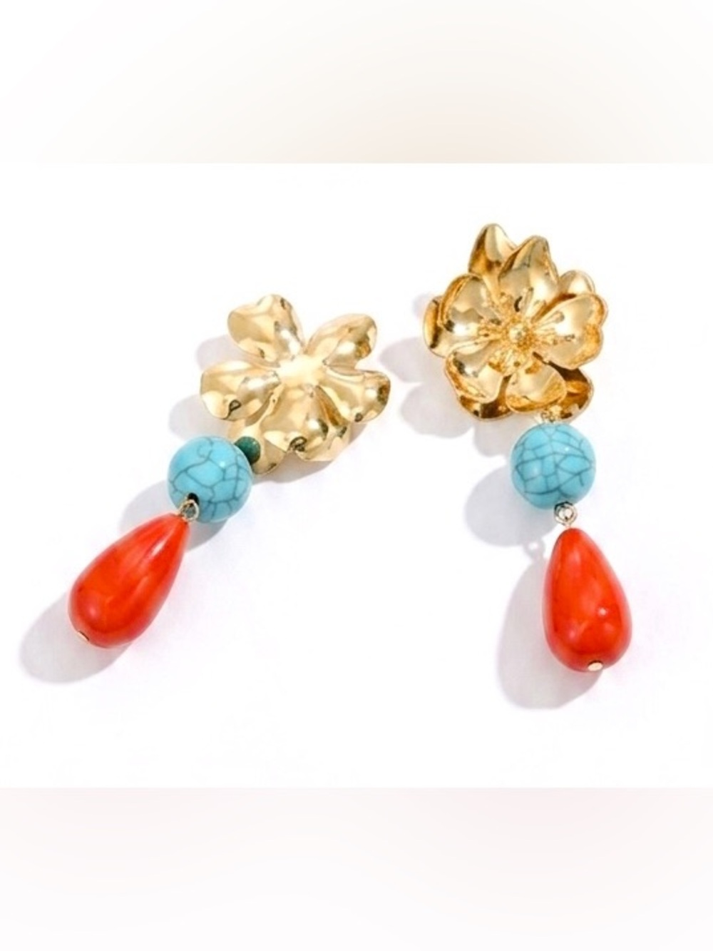 Floral Drop Earrings |Retro Gold Flower Turquoise & Red Resin Statement Earrings - Picture 4 of 6